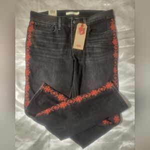 Levi's 711 Black Ankle Jeans with Red Embroidery size 10